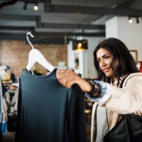 woman looking at blouse while out shopping - fashion stock pictures, royalty-free photos & images
