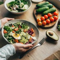 woman mixing delicious superfood salad ingredients with wooden spoons in kitchen - food stock pictures, royalty-free photos & images