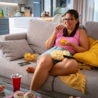 woman on the sofa watching tv and eating unhealthy food snack - junk food stock pictures, royalty-free photos & images