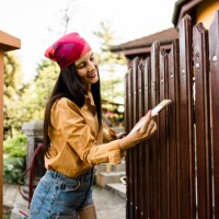 woman painting wooden fence at backyard. - home decoration stockfoto's en -beelden