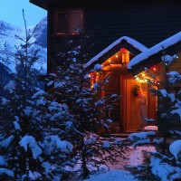 woman peering at snowy front yard from doorway decorated in christmas lights at dawn - garden decoration stock pictures, royalty-free photos & images