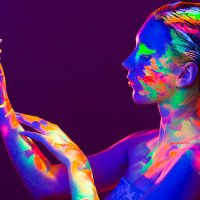 woman portrait painted with uv makeup color - nails art stock pictures, royalty-free photos & images