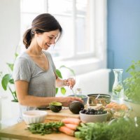 woman preparing healthy food in her kitchen - food stock pictures, royalty-free photos & images