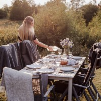 woman preparing table for garden party - garden decoration photos et images de collection
