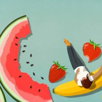 woman relaxing among fruit - food stock illustrations