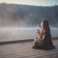 woman relaxing in nature. - coffee stock pictures, royalty-free photos & images