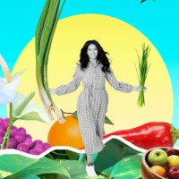woman running through field of fruit and vegetables - food stock pictures, royalty-free photos & images
