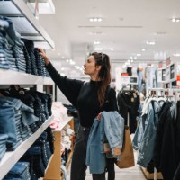 woman shopping denim jeans in a clothing store - fashion stock pictures, royalty-free photos & images