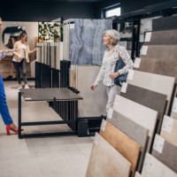 woman shopping for bathroom tiles - home decoration stock pictures, royalty-free photos & images