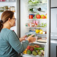 woman takes containers with raw food from fridge - food stock pictures, royalty-free photos & images