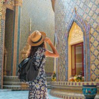 woman traveler at wat ratchabophit temple in bangkok in a summer day - travel stock pictures, royalty-free photos & images