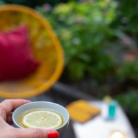 woman using lemon in vinegar as mosquito repellent - garden decoration photos et images de collection