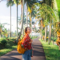 woman walking in coconut tree grove on bali - travel stock pictures, royalty-free photos & images