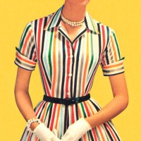 woman wearing old-fashioned striped dress with white gloves - fashion stock illustrations
