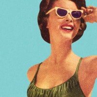 woman wearing sunglasses and green swimsuit - fashion stock illustrations