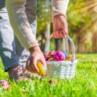 woman with a wicker basket picking up easter eggs - garden decoration stock pictures, royalty-free photos & images