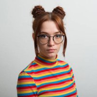 woman with freckles ,glasses and chignon - hairstyle stock-fotos und bilder