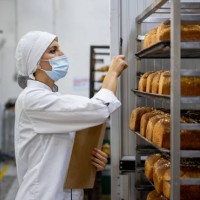 woman working at an industrial bakery and doing quality control on the loafs of bread - food stock pictures, royalty-free photos & images