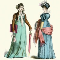 women's fashions of the early 19th century, high waisted dress, shawl, short jacket - fashion stock illustrations