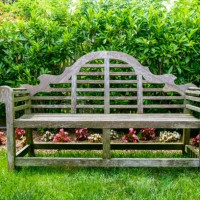wood bench in garden - garden decoration stockfoto's en -beelden