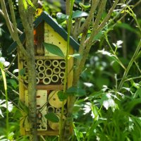 wooden garden insect home in vegetable garden - garden decoration stock pictures, royalty-free photos & images