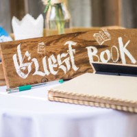 wooden hand-painted guest book sign. - garden decoration stock pictures, royalty-free photos & images