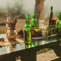 wooden served festive table, autumn day - garden decoration stock pictures, royalty-free photos & images