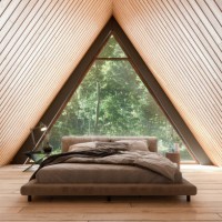 wooden tiny house interior with bed furniture and triangular window. - fashion stock pictures, royalty-free photos & images