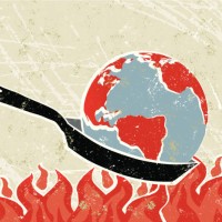 world globe in a frying pan with flames - food stock illustrations