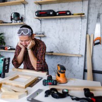 worried carpenter looking his product - home decoration stock pictures, royalty-free photos & images