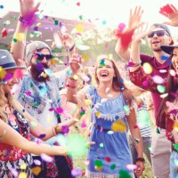 young adult friends throwing confetti at festival - concert stock pictures, royalty-free photos & images