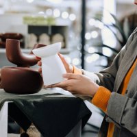 young asian woman shopping for home decorations in a lifestyle homeware store, looking at ceramic plant pot on the display. lifestyle, retail and shopping concept - home decoration stock pictures, royalty-free photos & images