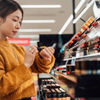 young asian woman trying on lipsticks while shopping makeup products at beauty store - fashion stock pictures, royalty-free photos & images
