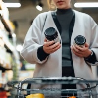 young asian woman with shopping cart shopping for cooking sauce in supermarket, reading and comparing the product information of two bottles of cooking sauces. routine grocery shopping. making healthier food choices. consumer