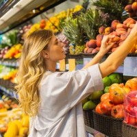 young blonde woman chooses peach in fruit section. autumn market. vegetarianism. healthy food. choice. shopping. select fruits by scent. sniff food - food stock pictures, royalty-free photos & images