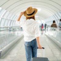 young casual female traveler with suitcase at airport - travel stock pictures, royalty-free photos & images
