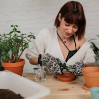 young caucasian woman taking care of her houseplants with care - garden decoration stock pictures, royalty-free photos & images