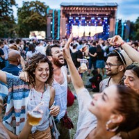 young cheerful friends dancing on a music festival. - concert stockfoto's en -beelden