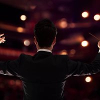 young conductor with baton raised at a performance, rear view - concert stock pictures, royalty-free photos & images