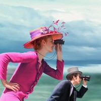 young couple in formal wear looking through binoculars outdoors - fashion stock pictures, royalty-free photos & images
