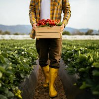 young farmer men a basket filled with strawberries - food stock pictures, royalty-free photos & images