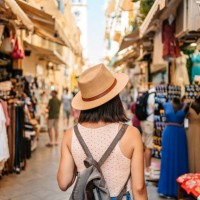 young female tourist at the street market - travel stock pictures, royalty-free photos & images