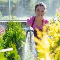 young florist watering the flower pots - garden decoration stock pictures, royalty-free photos & images