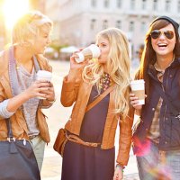 young friends together drinking coffee in the city - junk food stock pictures, royalty-free photos & images