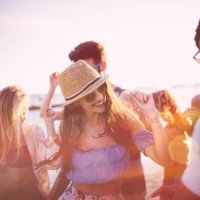 young hipster friends on summer holidays dancing at beach party - concert stock pictures, royalty-free photos & images