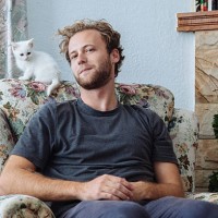 young man sitting at home with small white kitten - home decoration stock pictures, royalty-free photos & images