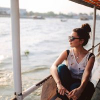 young tourist woman riding on the bangkok ferry boat - travel stock pictures, royalty-free photos & images