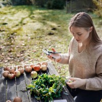 young woman arranging wreath in garden - garden decoration stock-fotos und bilder