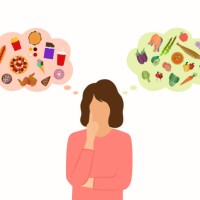 young woman choosing between healthy or unhealthy food - junk food stock illustrations