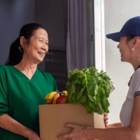 young woman delivering groceries to senior woman - food stock pictures, royalty-free photos & images
